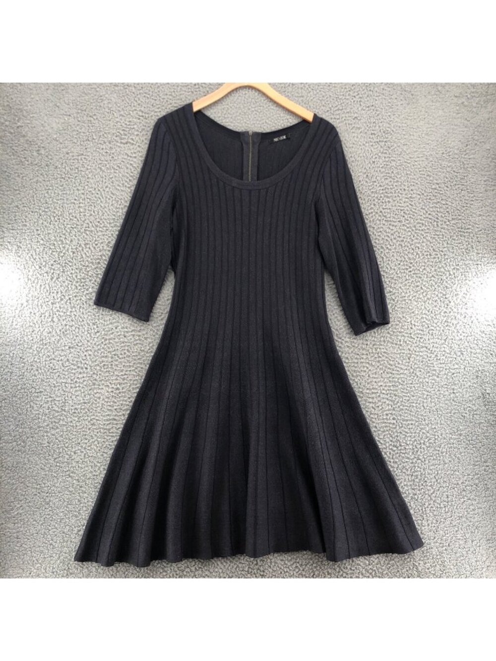 NIC+ZOE Dress Womens Medium Gray Herringbone Sweater Swing Knit Midi 3/4 Sleeve